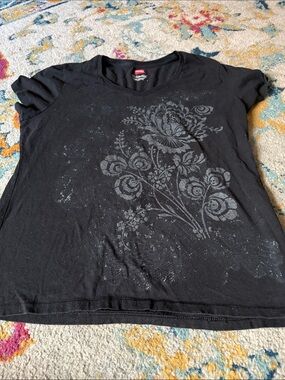 Soft Hanes tee with gray flowers and sparkle accents